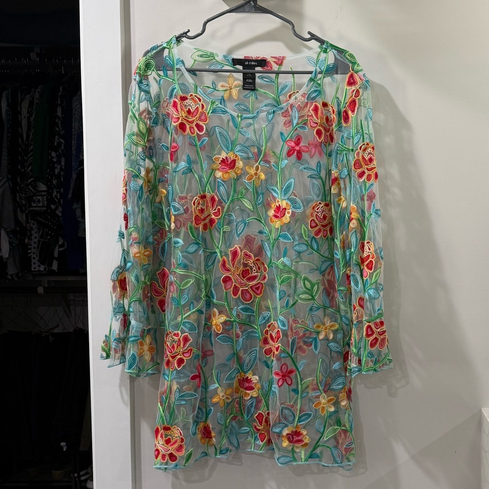 Ali Miles Floral Embroidered Sheer Top - Multicolor